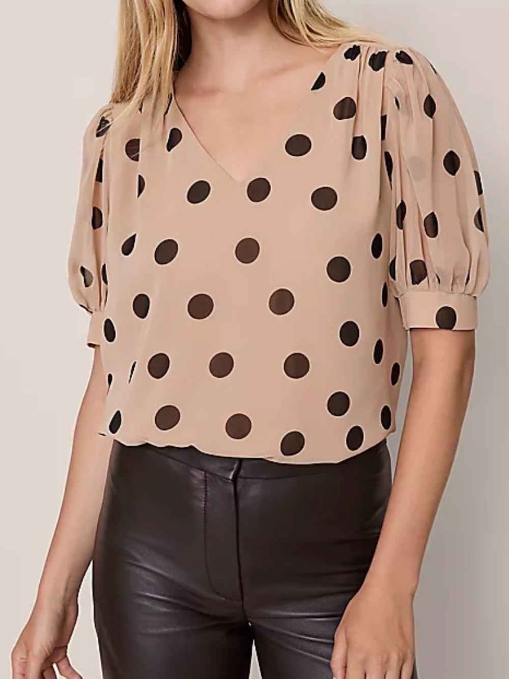 Ann Taylor Polka Dot V-Neck Puff Sleeve Top - Beige/Brown (L)